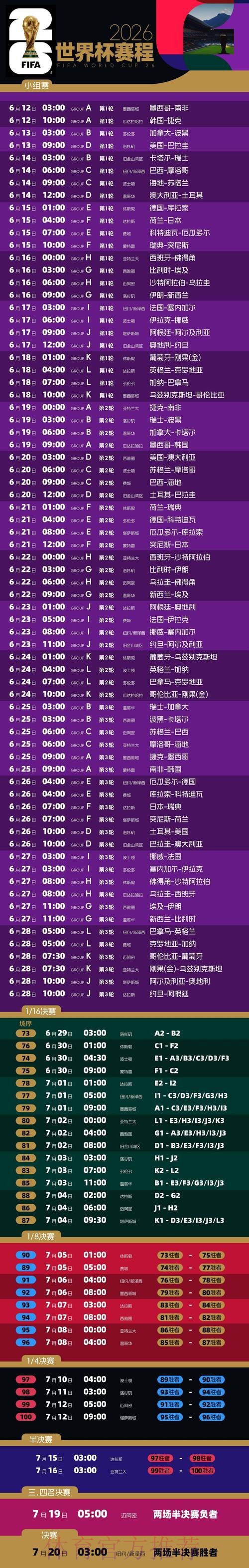 2026世界杯赛程最新完整安排免费观看